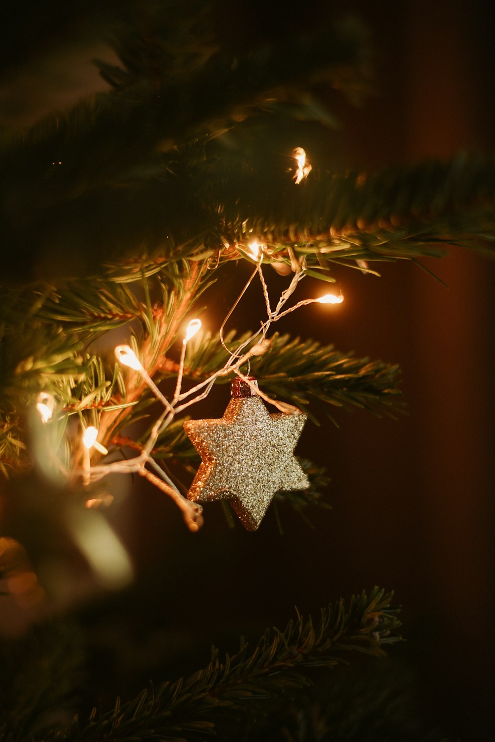 a star ornament hanging from a christmas tree