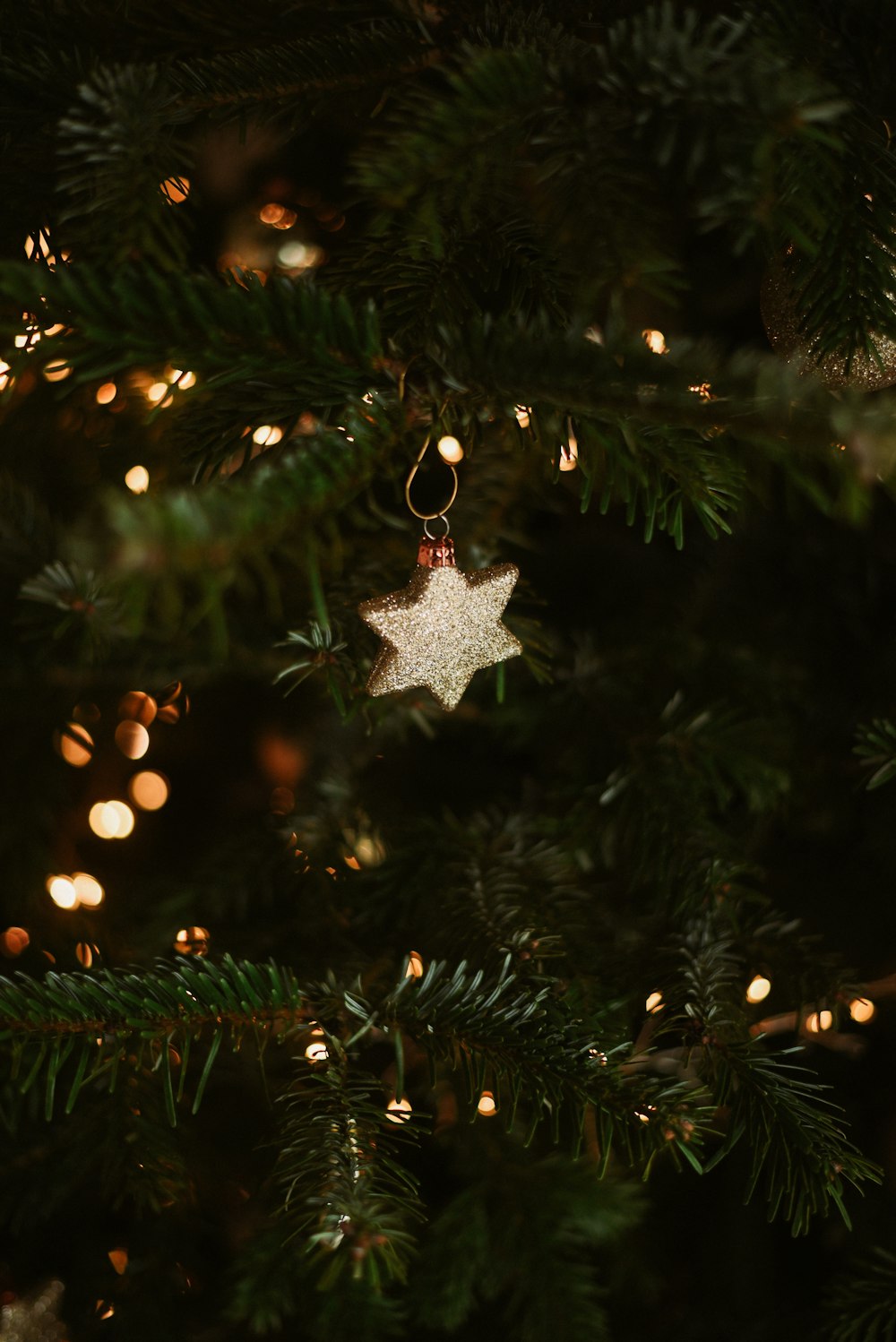 a star ornament hanging from a christmas tree