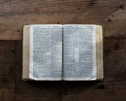 An open book lies on a textured wooden surface, displaying text in a serif font. The pages spread out evenly, revealing multiple columns of printed words. The wood shows pronounced grain patterns, adding a rustic feel to the scene.