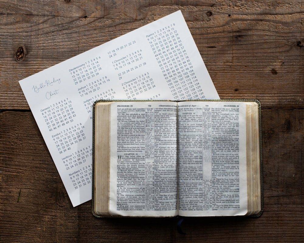 an open book sitting on top of a wooden table