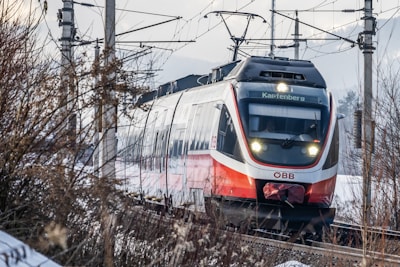 A modern train traveling along a railway track surrounded by winter scenery. The train is red and white with the destination 'Kapfenberg' displayed on the front. There are power lines and poles running alongside the track, and leafless shrubs and snow can be seen in the foreground.