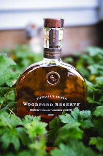 A bottle of Woodford Reserve Kentucky Straight Bourbon Whiskey is centered among green foliage. The bottle is a distinctive shape with a wooden cork, and the label is clearly visible. The background is blurred, drawing focus to the bottle.