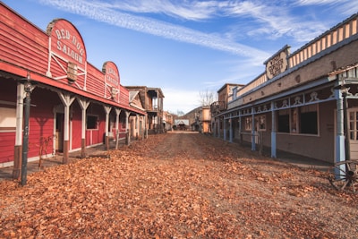 A deserted street in an old Western-style town is lined with weathered wooden buildings on either side. The left side features the Red Dog Saloon with its red and white facade, while the right side has a building marked as a theater. The ground is covered with fallen autumn leaves, and the midday sky is clear with wispy clouds. The overall atmosphere evokes a historical, abandoned setting typical of a ghost town.