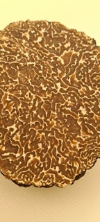 A close-up of fresh truffles on a wooden surface.