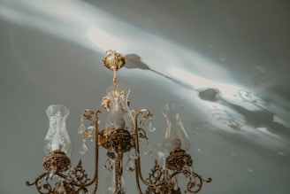 An elegant chandelier-style ceiling light with intricate details hanging above a dining table.