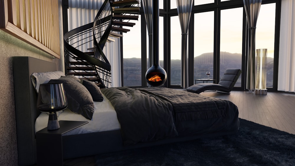 Dark-toned bedroom with panoramic glazing, a suspended fireplace, and a spiral stair