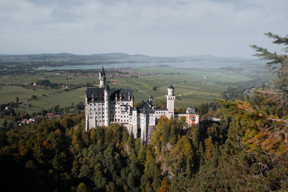 a castle on top of a hill surrounded by trees