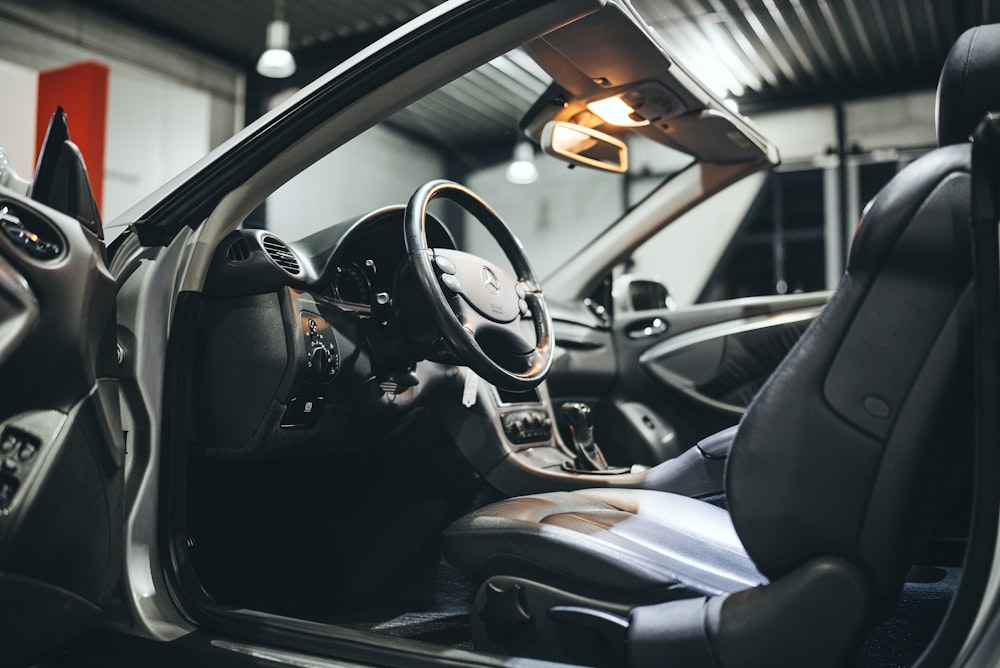 the interior of a car in a garage