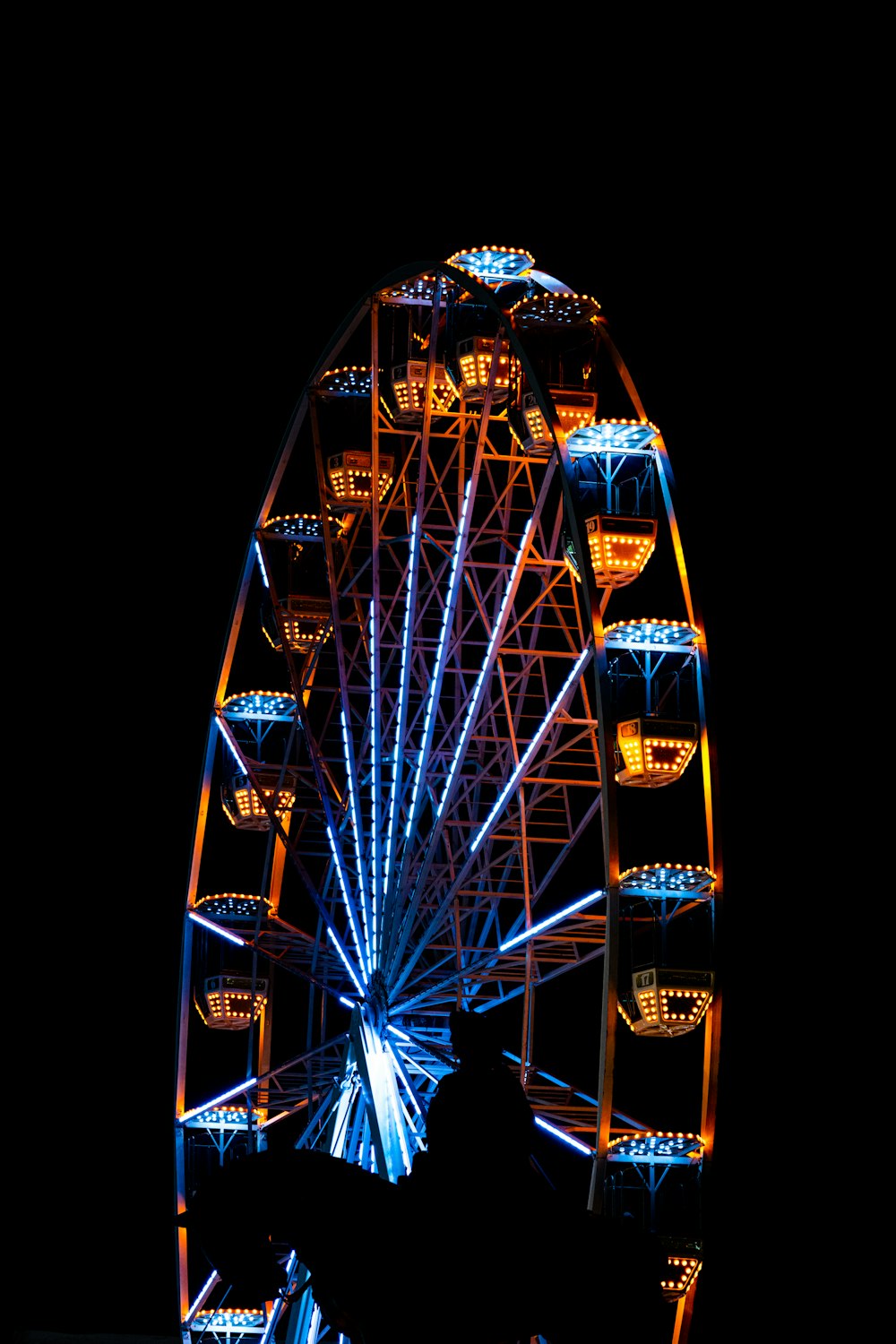 a large ferris wheel lit up at night