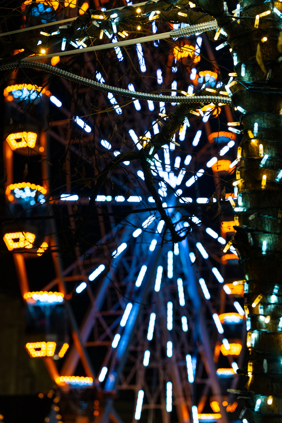 The image depicts a large, illuminated ferris wheel at night. The ferris wheel is adorned with colorful lights and stands out against the dark sky. The perspective of the photo is taken from below, looking up towards the towering structure. In the background, there are trees that add depth to the scene.