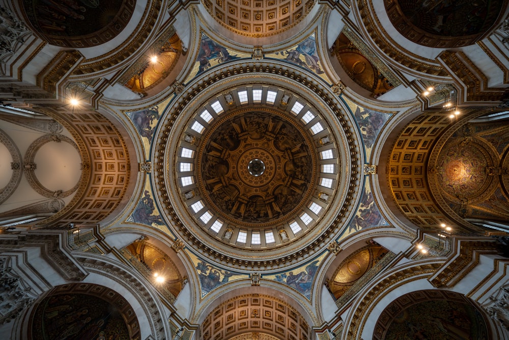 a view looking up at the ceiling of a church