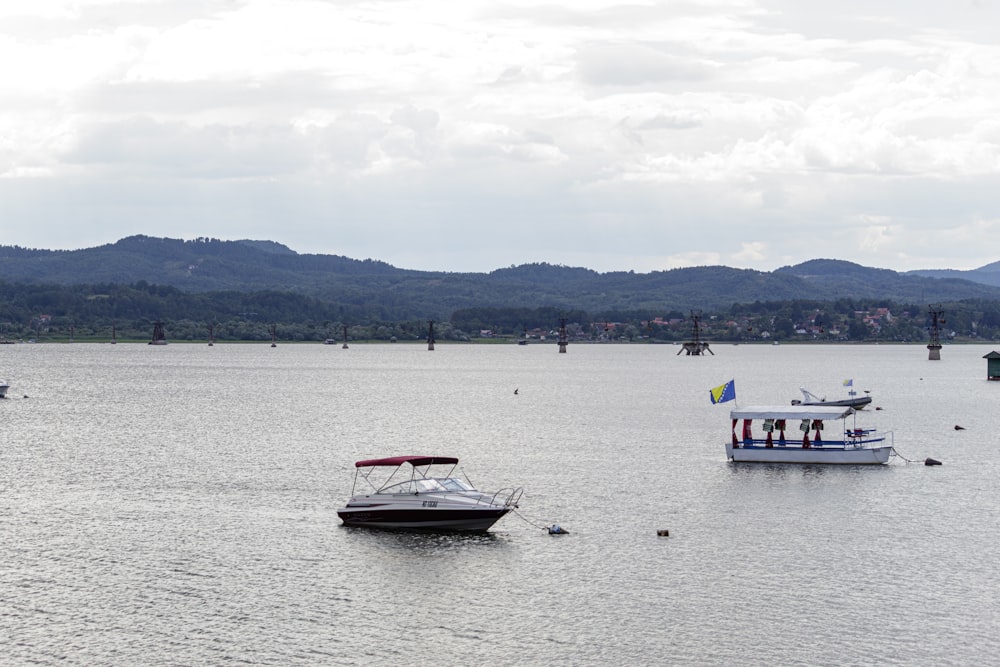 un groupe de bateaux flottant au-dessus d’une grande étendue d’eau