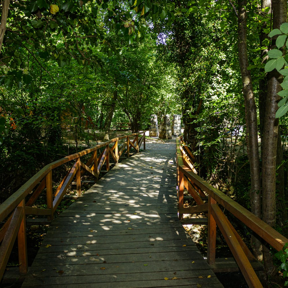 a wooden walkway surrounded by trees in a park