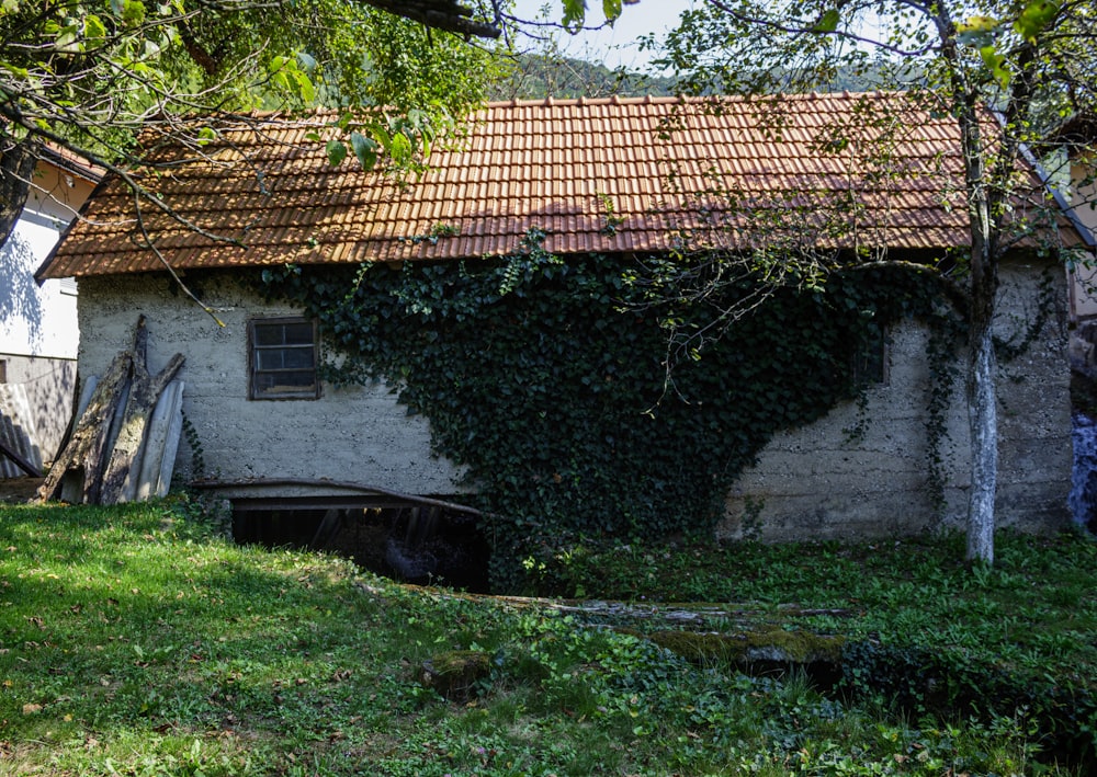 an old building with vines growing on it