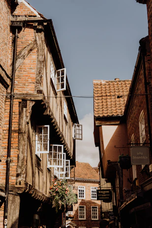 Charming medieval street in Troyes with timber-framed houses bathed in warm sunlight.