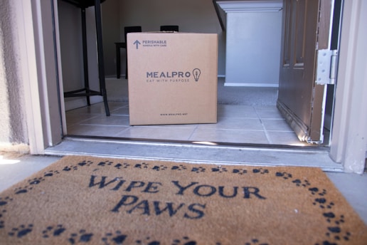 A cardboard box labeled 'MEALPRO' sits inside an open doorway on a tiled floor. The box is marked with 'PERISHABLE, HANDLE WITH CARE.' A doormat outside the door is visible with the text 'WIPE YOUR PAWS' and a pattern of paw prints. The interior of the house has a partially visible staircase and a table.