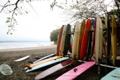 A bright beach scene with surfboards leaning against a wooden fence and waves in the background.