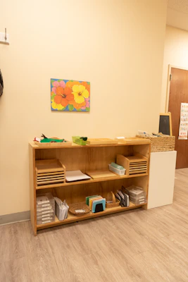 Colorful educational resource sheets spread out on a wooden desk.