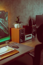 A wooden desk setup featuring a keyboard with wooden keycaps and a wooden wrist rest. There is a computer monitor with a nature-themed wallpaper showing green leaves. A potted plant is placed on top of a wooden shelf speaker next to an audio receiver. Adjacent to the speaker is a black reed diffuser and a small decorative item.