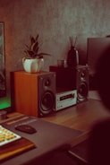A home audio setup featuring a stereo system with wooden speakers and a receiver positioned on a wooden desk. The speakers have a black finish with metallic accents. A potted plant with pointed leaves sits atop one of the speakers, and a dark vase with reed diffusers is placed nearby. The surrounding environment includes a computer monitor slightly visible in the background.