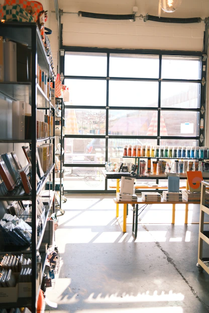 A cozy, welcoming stationery store corner filled with colorful notebooks, pens, and eco-friendly supplies arranged neatly on wooden shelves.