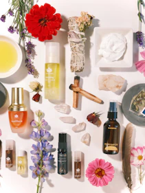 A serene therapy room with traditional Ayurvedic oils and herbs arranged neatly.