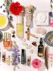 Various wellness and beauty products, including oils in bottles, a bowl of oil, dried flowers, crystals, a smudge stick, and a small dish of cream, are arranged aesthetically on a light surface. The scene is decorated with colorful flowers and herbs.