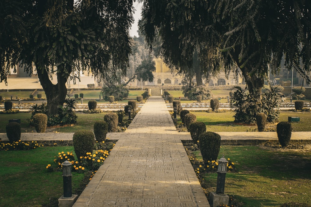 a walkway in a park lined with trees and flowers