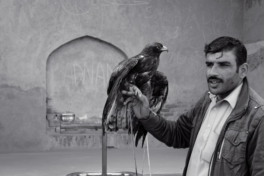 a man holding a bird of prey in his hand