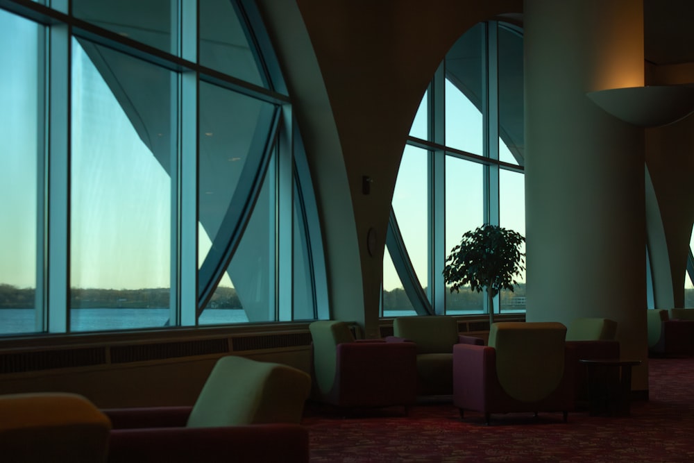 a room with large windows and a potted plant