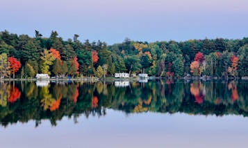 A serene lakeside scene with autumn trees displaying vibrant red, orange, and green foliage. The trees are perfectly mirrored in the calm water, enhancing the reflection. Two small structures, possibly cabins or RVs, are nestled among the trees, suggesting a tranquil getaway.