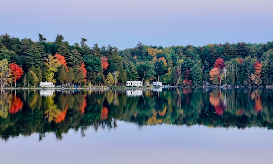 A serene lakeside scene with autumn trees displaying vibrant red, orange, and green foliage. The trees are perfectly mirrored in the calm water, enhancing the reflection. Two small structures, possibly cabins or RVs, are nestled among the trees, suggesting a tranquil getaway.