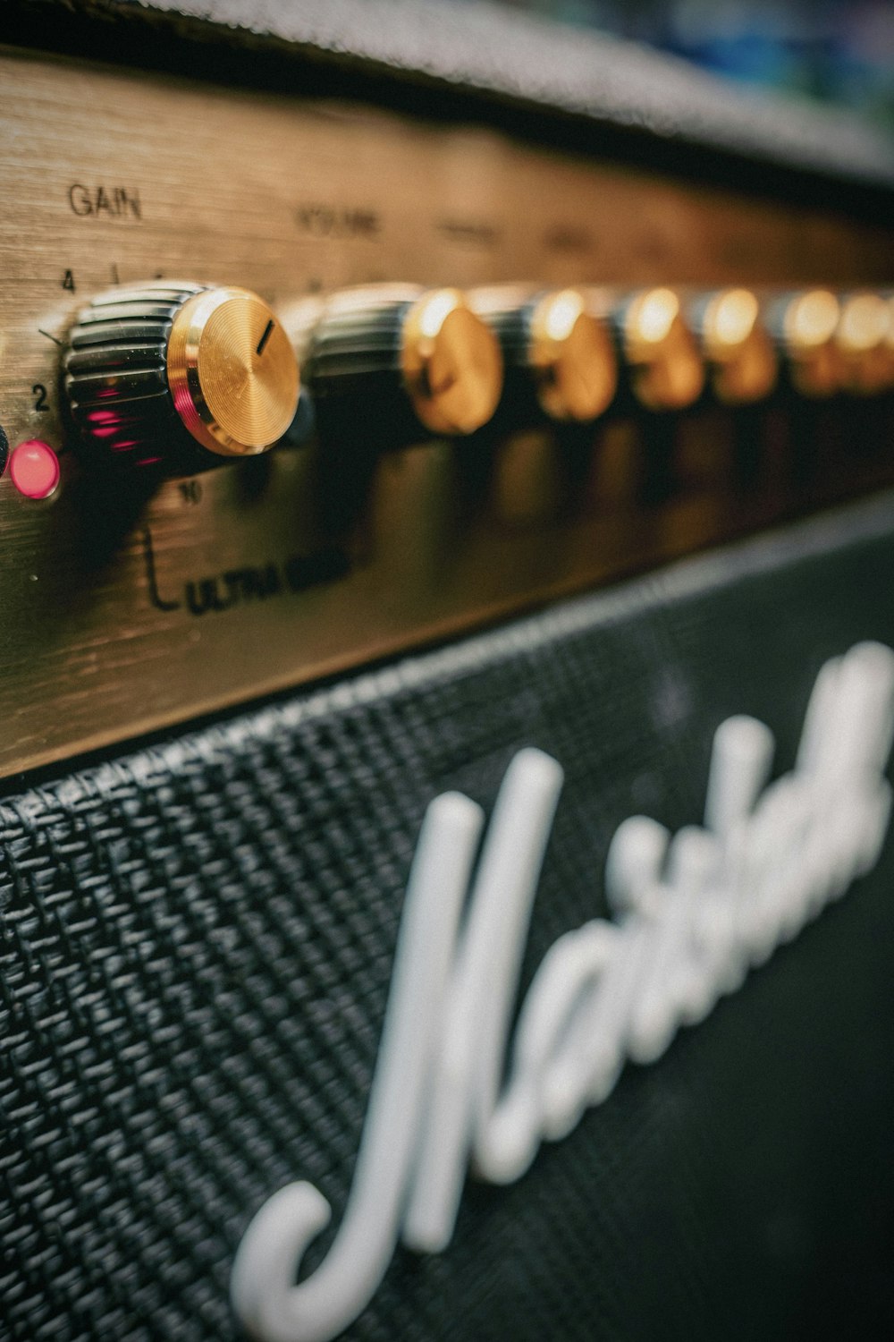 a close up of the front of a marshall amp