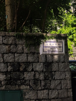 A stone wall with a street sign displaying both Chinese and Portuguese text. The sign is surrounded by green vegetation, and sunlight filters through trees above, casting dappled shadows on the wall. A small section of a dark green door is visible at the bottom left.