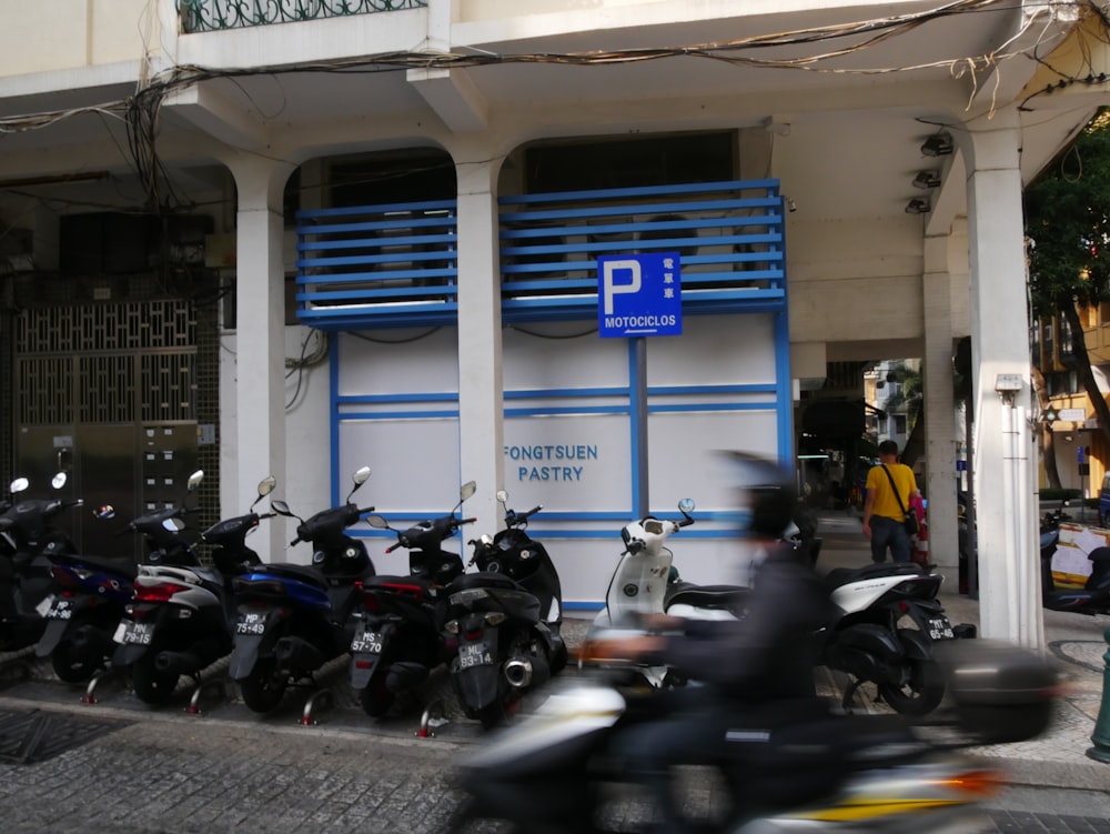 a group of motorcycles parked in front of a building
