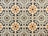 A symmetrical pattern of ceramic tiles featuring geometric shapes and floral motifs. The design consists of squares with intricate designs, combining circles, swirls, and stylized flowers in subdued colors. Each tile is neatly aligned to create a seamless repetition across the surface.
