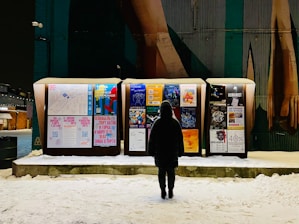 A person stands in front of illuminated outdoor boards displaying various posters with text and images in a snowy environment. The posters cover topics such as events and advertisements, and the scene is set against a background of a wall with mural art.