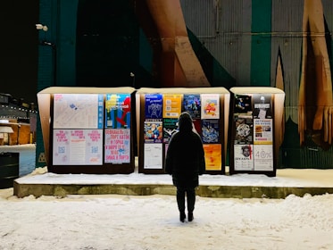 A person stands in front of illuminated outdoor boards displaying various posters with text and images in a snowy environment. The posters cover topics such as events and advertisements, and the scene is set against a background of a wall with mural art.