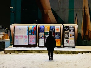 A person stands in front of illuminated outdoor boards displaying various posters with text and images in a snowy environment. The posters cover topics such as events and advertisements, and the scene is set against a background of a wall with mural art.