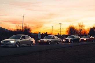 Group of friends enjoying a sunset picnic beside their cars on a quiet roadside.