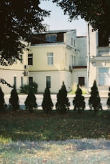 A row of neatly trimmed evergreen shrubs is lined up in front of a bright yellow two-story building with multiple windows and air conditioning units. The building is partially shaded by overhanging tree branches with lush green foliage. The foreground consists of a grassy area with scattered fallen leaves, indicating a serene urban environment.