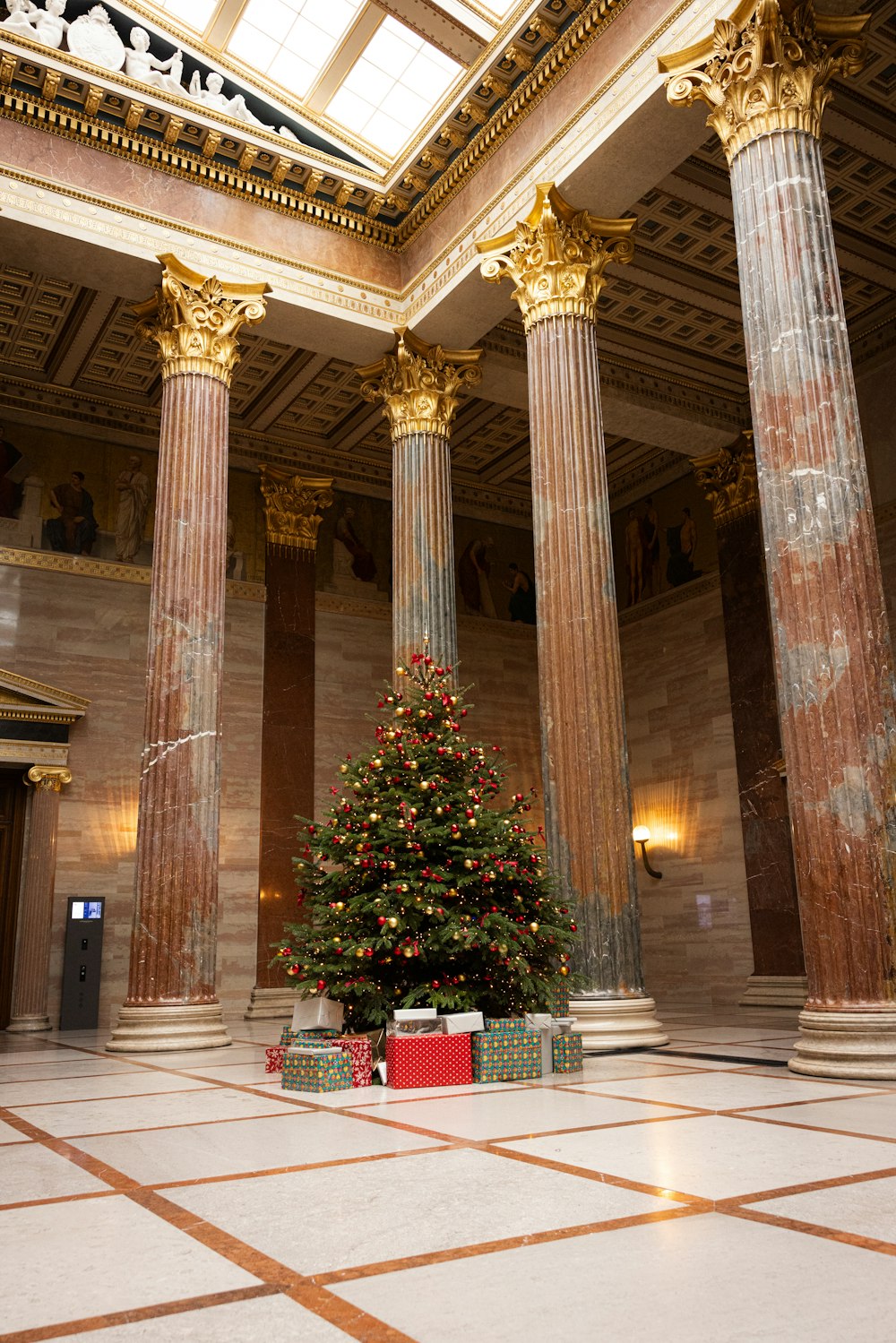 a christmas tree in the middle of a building