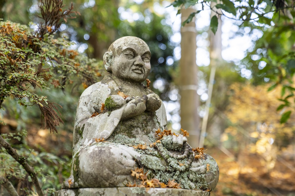 a statue of a man sitting in the middle of a forest