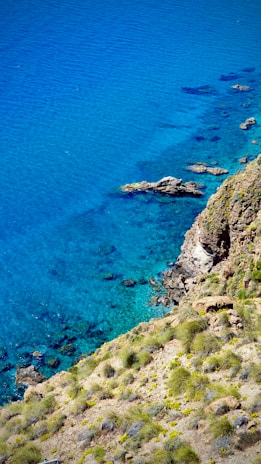 A panoramic view of the Red Sea coastline with crystal-clear waters and rugged cliffs.