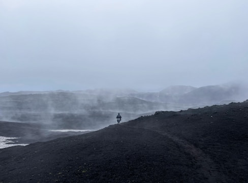 A mysterious figure standing at the edge of a surreal, alien landscape.