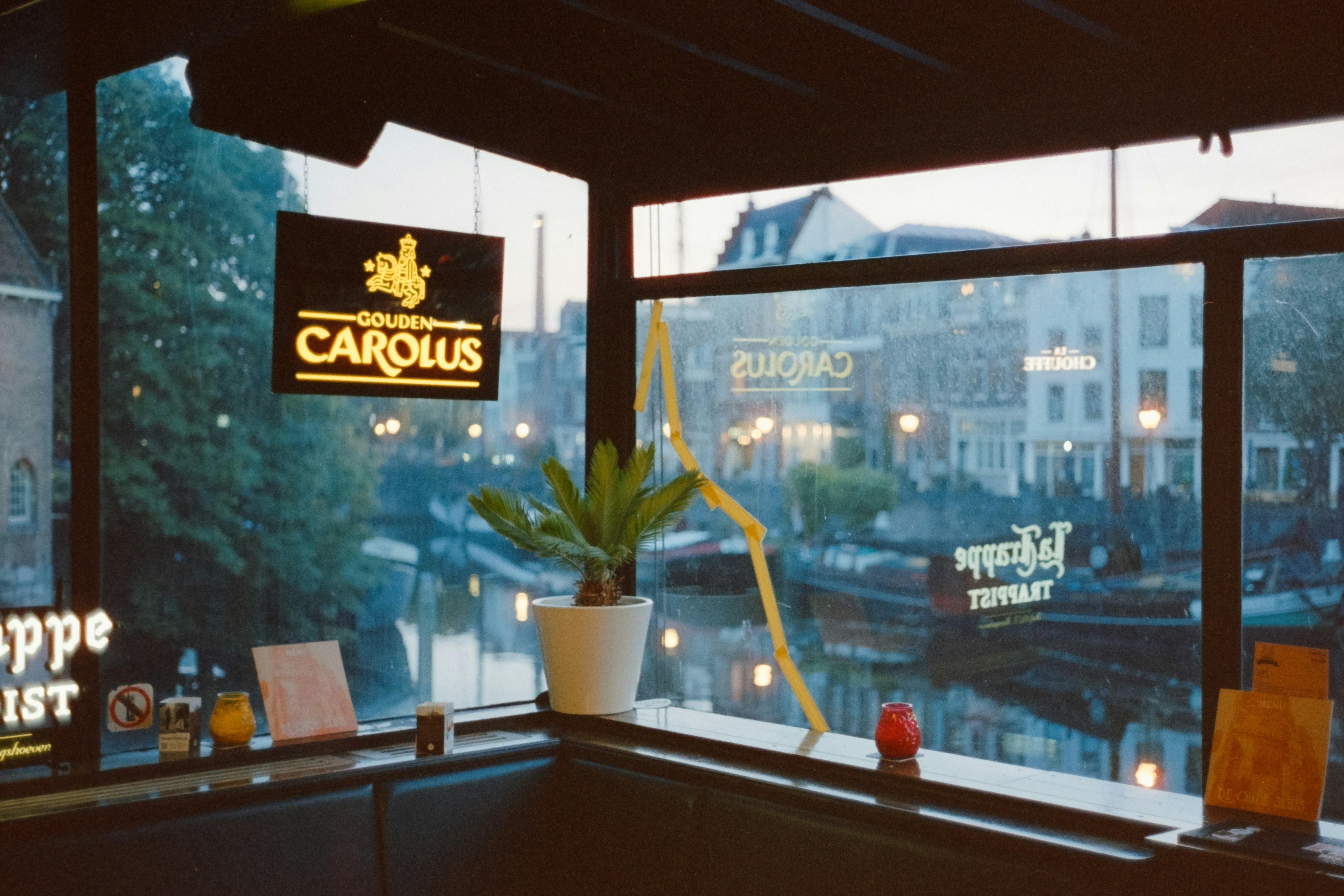 Pub signs in blue hour on 35mm film.