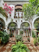 A vibrant courtyard with lush greenery, featuring hanging plants and potted flowers placed on and around arched windows. The walls are adorned with decorative latticework, and the floor has a mosaic pattern. Bright pink flowers add a pop of color amid the predominantly green foliage.