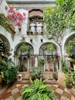 Sunlit courtyard with blooming flowers and cozy seating areas at Vista Terrace apartments.