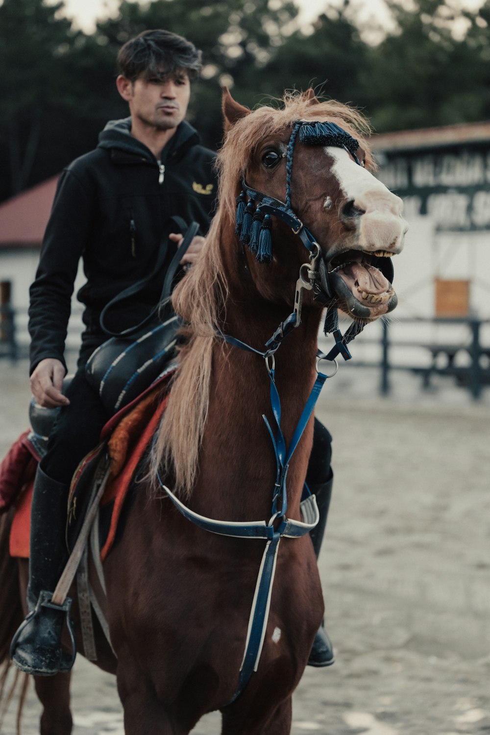 a man riding on the back of a brown horse