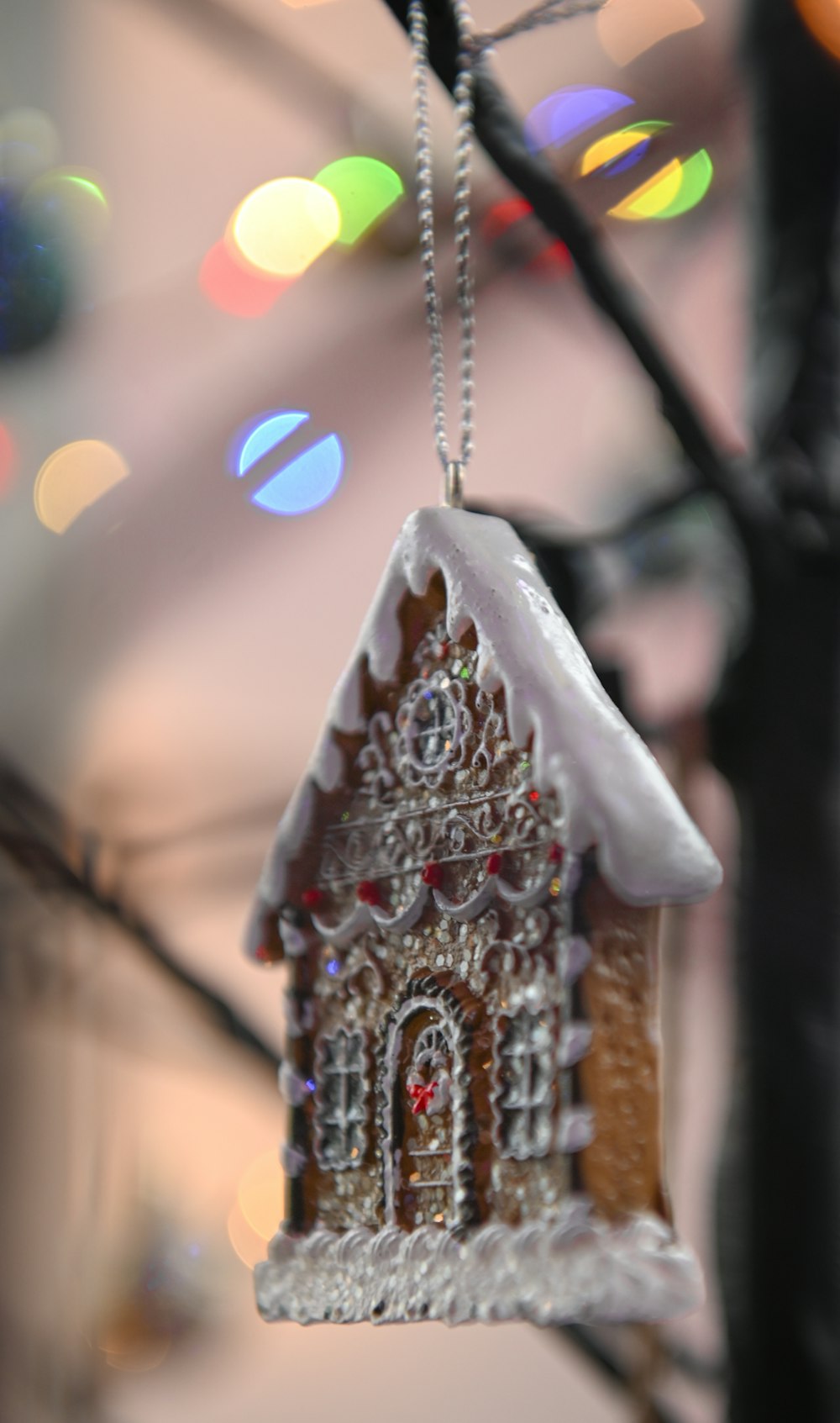 a christmas ornament hanging from a tree